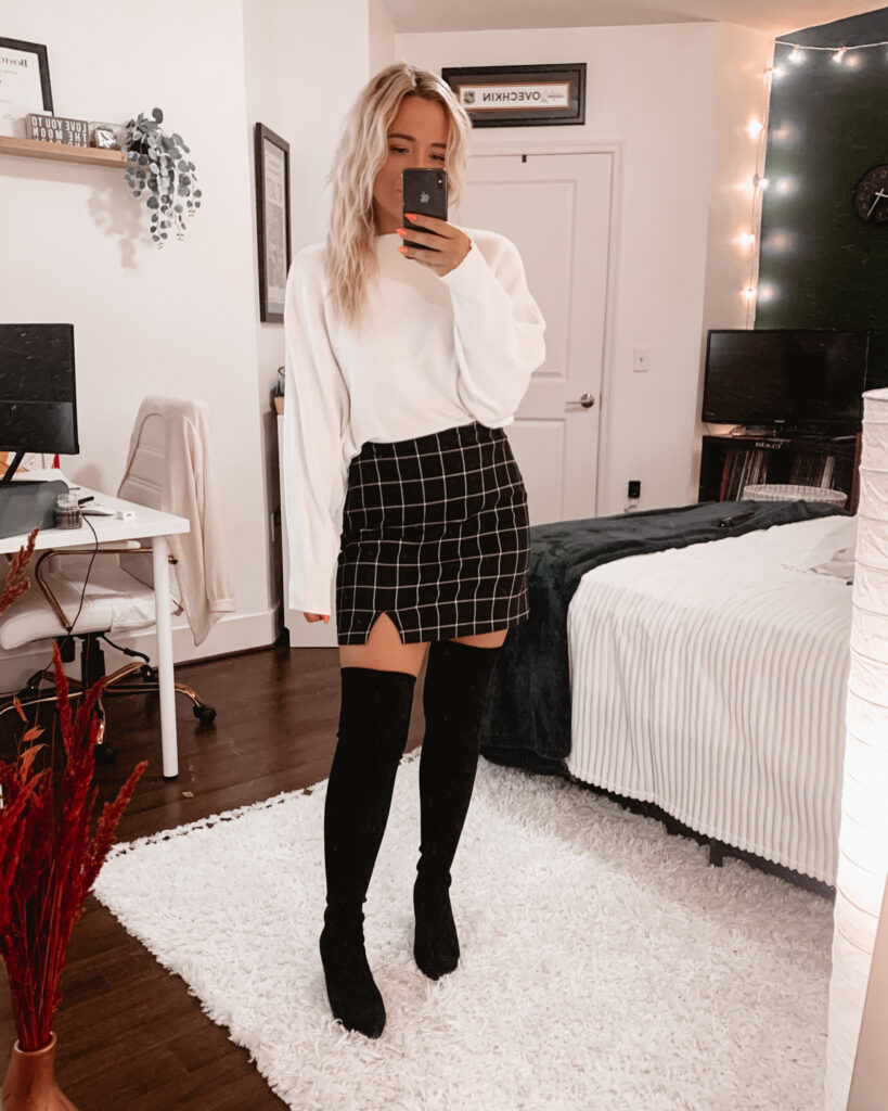 Winter mini skirt and OTK boots outfit